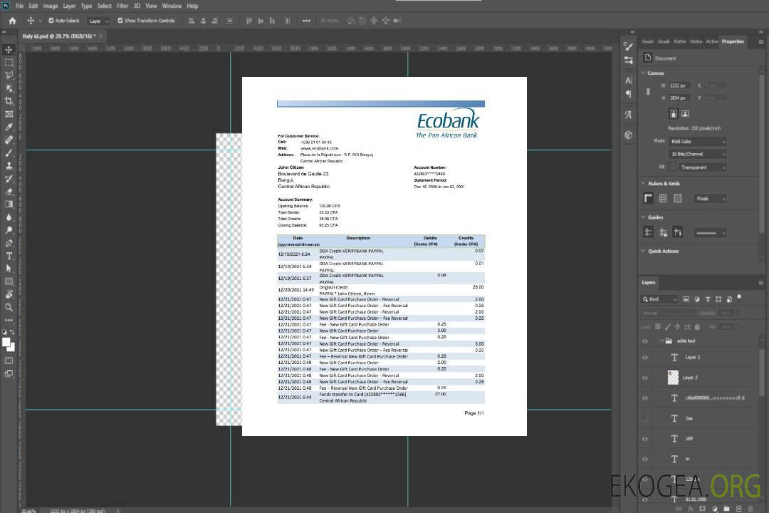 Modèle de relevé bancaire Ecobank de République Centrafricaine facile à remplir au format de fichier .xls et .pdf (AutoSum) template